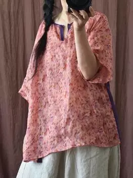 Johnature женские футболки с цветочным принтом Рами, футболки, топы с короткими рукавами, летняя винтажная женская одежда, свободные футболки One Size зелёный