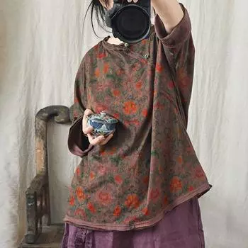 Johnature женские футболки с цветочным принтом в китайском стиле, свободные топы с круглым вырезом и длинными рукавами, винтажные женские футболки с весенними пуговицами One Size оранжевый