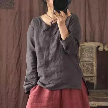 Johnature женские футболки с длинными рукавами в китайском стиле на пуговицах с v-образным вырезом однотонные топы осенние винтажные женские футболки футболки One Size хаки