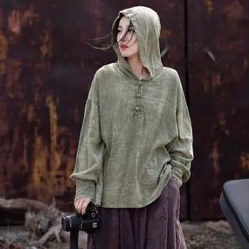 Johnature женские футболки с капюшоном и длинными рукавами на пуговицах, весенние женские футболки в китайском стиле с принтом тай-дай One Size светло-фиолетовый