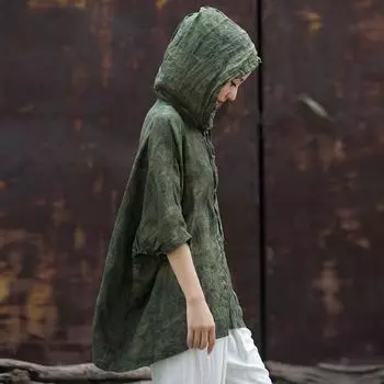 Johnature женские футболки с капюшоном, винтажные хлопковые льняные футболки, свободная одежда с короткими рукавами, летние зеленые футболки высокого качества One Size темно-зеленого