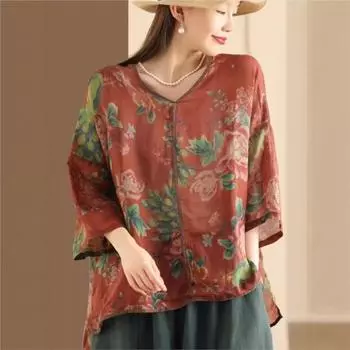 Johnature Женские футболки с винтажным принтом и цветочным принтом, льняные футболки с V-образным вырезом и семью рукавами, летние свободные женские футболки в китайском стиле One Size
