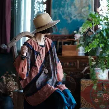 Johnature Женские футболки с винтажным принтом и цветочным принтом, осенние футболки из ткани рами в китайском стиле с круглым вырезом и длинным рукавом в стиле пэчворк One Size