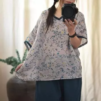 Johnature Женские футболки с винтажным принтом и цветочным принтом, свободные летние футболки с коротким рукавом и V-образным вырезом, высокого качества для женщин One Size синий