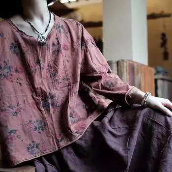 Johnature Женские футболки с винтажным принтом и цветочным принтом, трикотажные футболки с круглым вырезом и длинным рукавом, свободные мягкие повседневные футболки на весну One Size кофейный