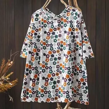 Johnature Женские футболки с винтажным принтом и цветочным принтом, с круглым вырезом и коротким рукавом, летние повседневные мягкие женские футболки One Size серый