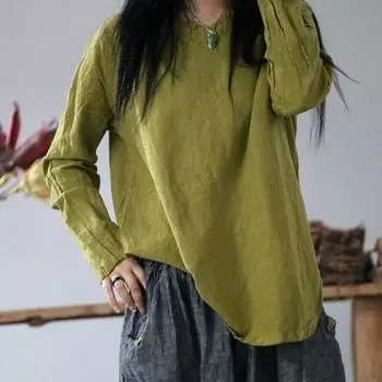 Johnature женские футболки свободные льняные однотонные винтажные льняные весенние однотонные свободные футболки с v-образным вырезом и длинными рукавами One Size зелёный