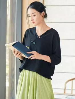 Johnature женские футболки в китайском стиле на пуговицах с семью рукавами хлопковые льняные топы летние однотонные женские футболки One Size чёрный