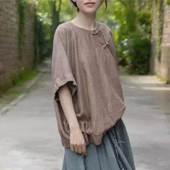 Johnature Женские футболки в китайском стиле, однотонные летние свободные винтажные футболки с круглым вырезом и половиной рукавов для женщин One Size кофейный