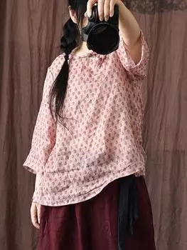 Johnature женские футболки в китайском стиле с цветочным принтом розовые футболки с семью рукавами свободные пуговицы летние женские топы Ramie One Size розовый