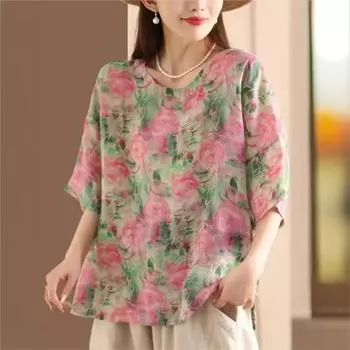 Johnature Женские футболки в китайском стиле с цветочным принтом, летние пуговицы, О-образный вырез, короткий рукав, винтажные женские футболки