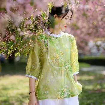 Johnature женские футболки в китайском стиле с семью рукавами и цветочным принтом летние винтажные лоскутные футболки XL зелёный