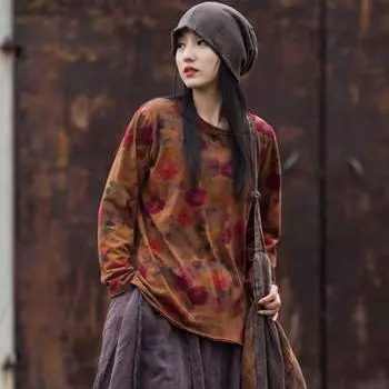 Johnature женские хлопковые футболки с цветочным принтом и круглым вырезом, весенние футболки с длинными рукавами, винтажная женская одежда, футболка в китайском стиле One Size кофейный