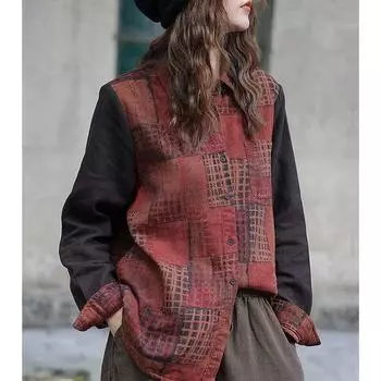 Johnature женские хлопковые льняные лоскутные цветные рубашки топы с отложным воротником блузки с длинными рукавами осенние винтажные рубашки