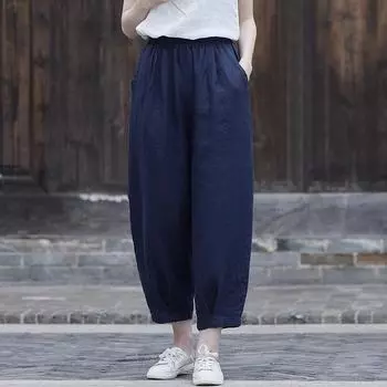 Johnature женские хлопковые льняные однотонные прямые брюки с эластичной резинкой на талии и карманами, осенние повседневные брюки, мягкие осенние брюки One Size розовый