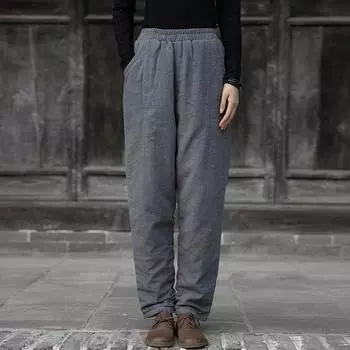 Johnature женские хлопковые льняные повседневные брюки однотонные стеганые теплые брюки с эластичной резинкой на талии зимние винтажные толстые брюки One Size чёрный