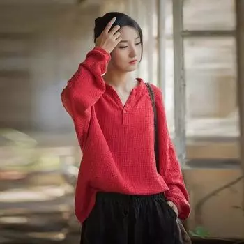 Johnature женские хлопковые льняные винтажные однотонные футболки с длинными рукавами и круглым вырезом с длинными рукавами, осенние свободные футболки