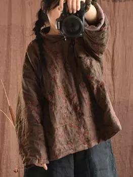 Johnature женские хлопковые пальто в китайском стиле плюс с цветочным принтом, зимние теплые винтажные женские парки с длинными рукавами, пальто One Size коричневый