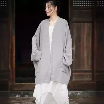 Johnature Женские хлопковые рубашки, топы с v-образным вырезом и рукавами «летучая мышь», однотонные весенние карманы, свободные женские кардиганы, блузки S серый