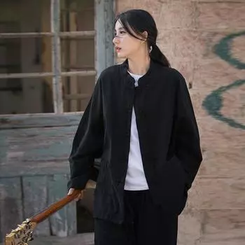 Johnature Женские хлопковые рубашки в китайском стиле с длинными рукавами и пуговицами, весенние однотонные свободные винтажные топы One Size чёрный