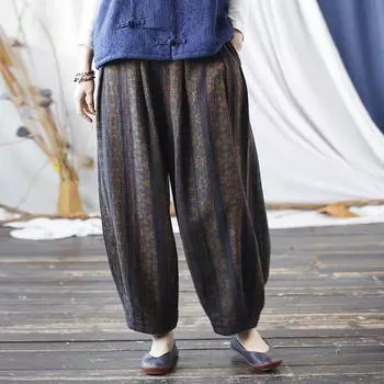 Johnature Женские хлопковые шаровары с винтажным принтом и цветочным принтом, весенние свободные брюки с эластичной резинкой на талии, мягкие женские длинные брюки One Size кофейный