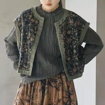 Johnature женские хлопковые жилеты с цветочным принтом, пальто с круглым вырезом и пуговицами, весенние женские свободные пальто в китайском стиле высокого качества One Size темно-зеленого
