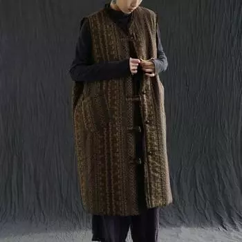 Johnature женские хлопковые жилеты в китайском стиле, пальто с v-образным вырезом и цветочным принтом, весенние свободные винтажные женские длинные жилеты One Size кофейный