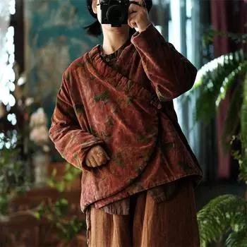 Johnature женские хлопковые зимние парки в китайском стиле плюс с цветочным принтом и v-образным вырезом, с длинным рукавом, на одной пуговице, винтажные парки One Size темно-красного