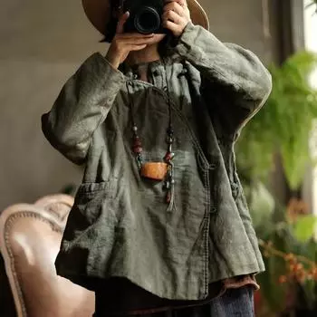 Johnature Женские китайские пальто с длинным рукавом, зимние однотонные пуговицы, теплые винтажные пальто One Size зелёный