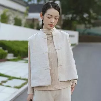 Johnature Женские китайские пальто-стойки без рукавов на пуговицах, винтажные осенние свободные пальто M