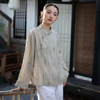 Johnature Женские китайские рубашки, топы, стойка, длинный рукав, блузки на пуговицах, весенние винтажные мягкие женские рубашки M хаки