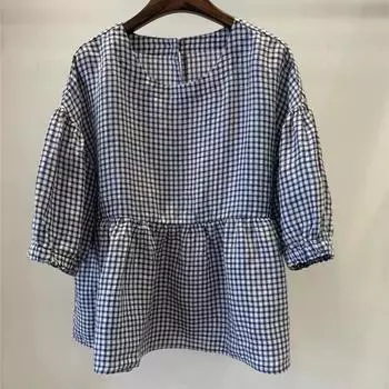 Johnature Женские клетчатые футболки с круглым вырезом и рукавами-фонариками, летние повседневные футболки с круглым вырезом и рукавами семь One Size