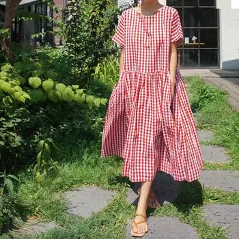 Johnature женские клетчатые платья летние повседневные корейские свободные карманы с короткими рукавами простое платье