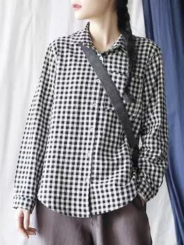 Johnature женские клетчатые рубашки хлопковые топы с длинным рукавом осенние блузки на пуговицах свободные женские рубашки One Size чёрный