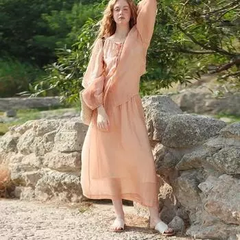 Johnature женские комплекты из двух предметов весна-лето французский топ с рукавами-фонариками эластичная талия юбка свободные повседневные простые женские комплекты S светло-оранжевый