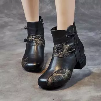 Johnature/женские короткие ботинки из натуральной кожи в этническом стиле с принтом в стиле ретро, универсальные удобные туфли на толстом каблуке 35 чёрный
