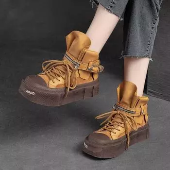 Johnature/женские короткие сапоги из натуральной кожи в стиле ретро, универсальные туфли на плоской платформе со шнуровкой на толстой подошве 40 коричневый