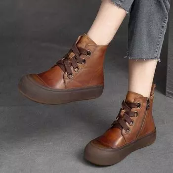 Johnature/женские короткие сапоги из натуральной кожи в стиле ретро, модные универсальные туфли на плоской платформе на толстой подошве 35 кофейный