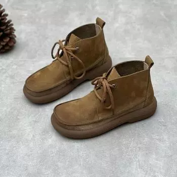 Johnature, женские короткие сапоги ручной работы в стиле ретро, туфли из натуральной кожи, однотонные ботинки на шнуровке с круглым носком 35 хаки