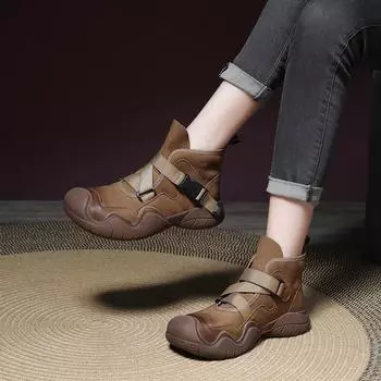 Johnature/женские короткие сапоги в стиле ретро из натуральной кожи, туфли ручной работы на плоской подошве с круглым носком и толстой подошвой 35 хаки