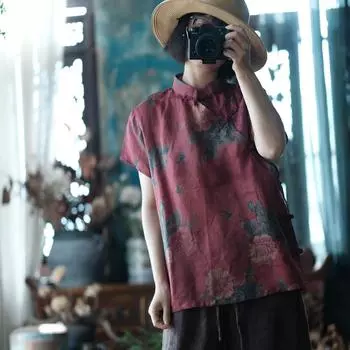 Johnature Женские красные цветочные рубашки в китайском стиле с коротким рукавом и пуговицами, летние винтажные блузки для женщин One Size красный