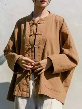 Johnature женские куртки с рукавами «летучая мышь» в китайском стиле, однотонные винтажные льняные пальто с карманами и подставкой, осенние женские свободные куртки One Size чёрный