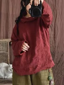 Johnature женские льняные футболки однотонные футболки с длинными рукавами весенняя винтажная одежда высокого качества женские повседневные футболки One Size чёрный