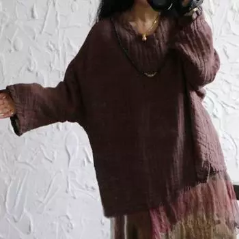 Johnature женские льняные футболки с v-образным вырезом и длинными рукавами, простые однотонные свободные футболки, весенняя удобная мягкая винтажная футболка One Size кофейный