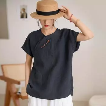 Johnature женские льняные футболки с вышивкой, летние футболки с короткими рукавами, свободные женские винтажные футболки One Size белый