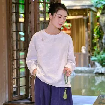 Johnature женские льняные футболки в китайском стиле однотонные футболки с длинными рукавами на пуговицах весенние свободные женские футболки One Size белый