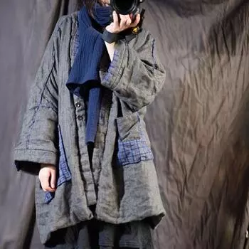 Johnature женские льняные клетчатые лоскутные винтажные длинные пальто с карманами осень-зима с длинным рукавом повседневные женские толстые пальто One Size серый
