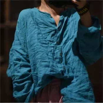 Johnature женские льняные однотонные осенние рубашки с круглым вырезом, футболки с длинными рукавами, свободные женские винтажные рубашки на пуговицах One Size розовый