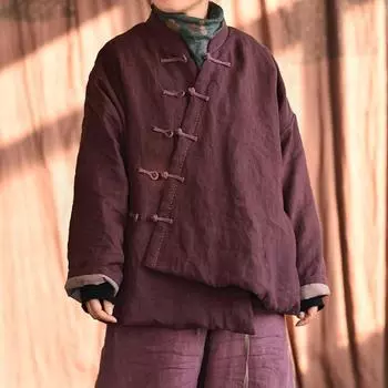 Johnature женские льняные парки в китайском стиле на пуговицах однотонные пальто со стойкой с длинными рукавами осенние теплые женские винтажные парки One Size синий