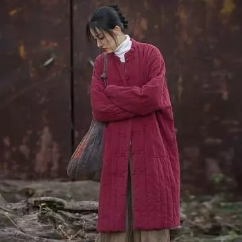 Johnature женские льняные парки в китайском стиле с длинными рукавами, зимние пальто в полоску на пуговицах, хлопковые свободные теплые парки One Size темно-красного